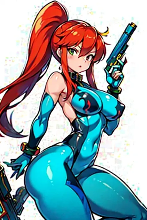 1girl, solo, a cartoon picture of yoko littner in zero suit samus outfit holding a gun, samus aran fanart, video game fanart, zero suit samus,yoko littner dressed up as zero suit samus, commission for high res, danbooru and artstation, thicc, high quality ...