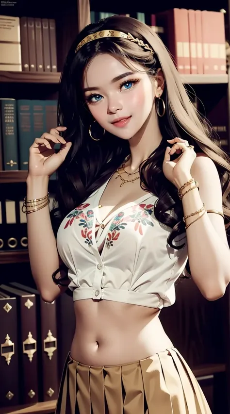 (masterpiece, best quality), 1 girl, curvaceous perfect body, nice breasts, wavy hair, hairband, glasses, printed blouse, pleate...