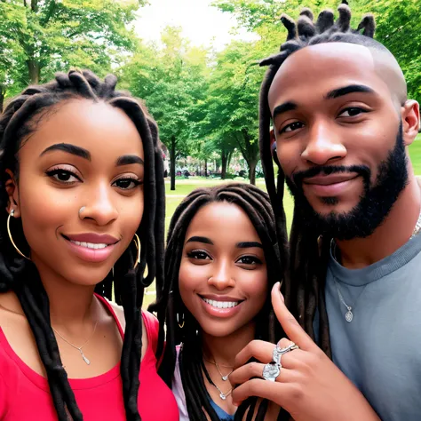 Handsome black guy with long dreads wearing a Vvs ring on each finger posing with his beautiful brown skin gf at the park