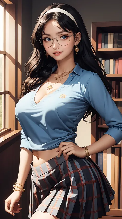 (masterpiece, best quality), 1 girl, curvaceous perfect body, nice breasts, wavy hair, hairband, glasses, printed blouse, pleated skirt, bracelet, necklace, library, natural lighting, standing pose, contrapposto, morning