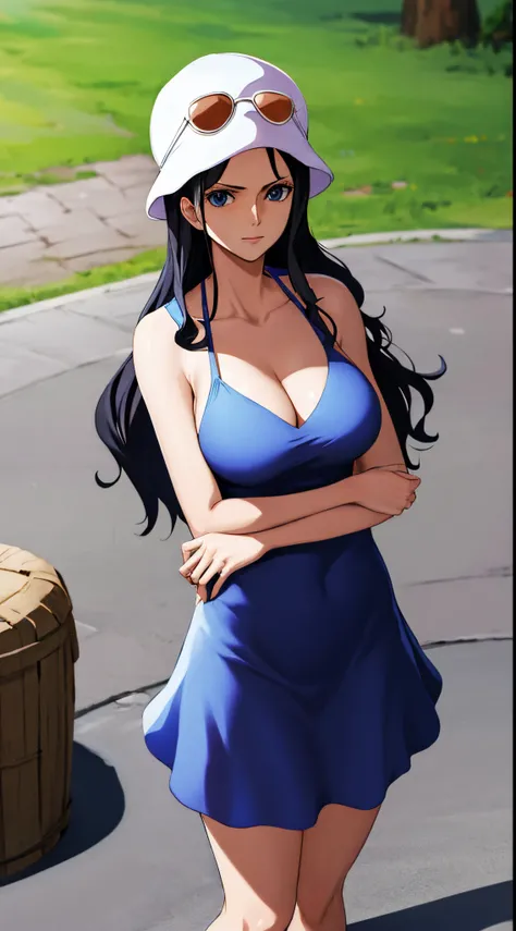 masterpiece, best quality, highres, nico robin, long hair, black hair, bucket hat, white headwear, eyewear on headwear, sunglasses, forehead, blue eyes, collarbone, bare shoulders, cleavage, blue dress, short dress, sleeveless, standing, cowboy shot, outdo...