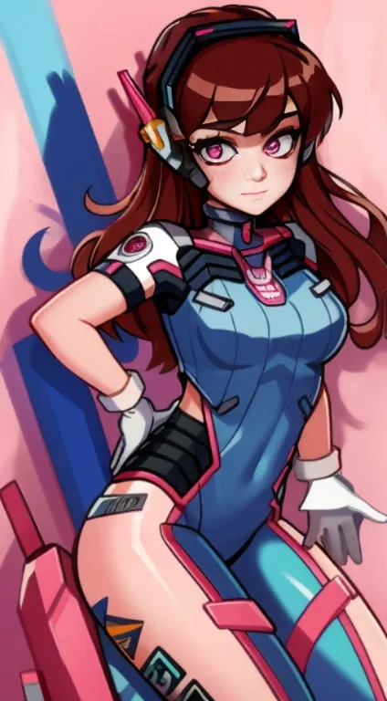 Masterpiece, Best Quality, High Resolution, 1Girl, Ultra High Resolution, Solo, Mecha Pilot, D.VA, Headphones, Pink Eyes, Cat Face Adornament, Blue Tights, Brown Hair, White Gloves,