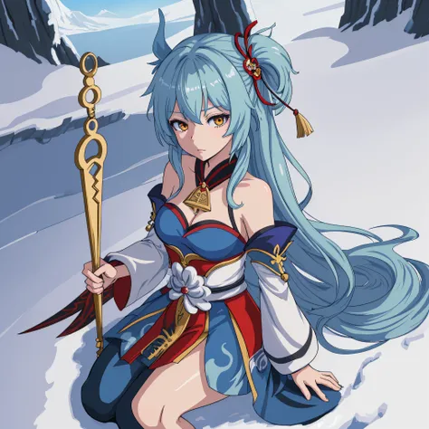 Sexy, 1girl, solo, a woman in a blue dress sitting on top of a snow covered hill, ganyu from genshin impact, ganyu genshin impact, ganyu game genshin impact, portrait knights of zodiac girl, genshin, detailed digital anime art, rin, detailed key anime art,...