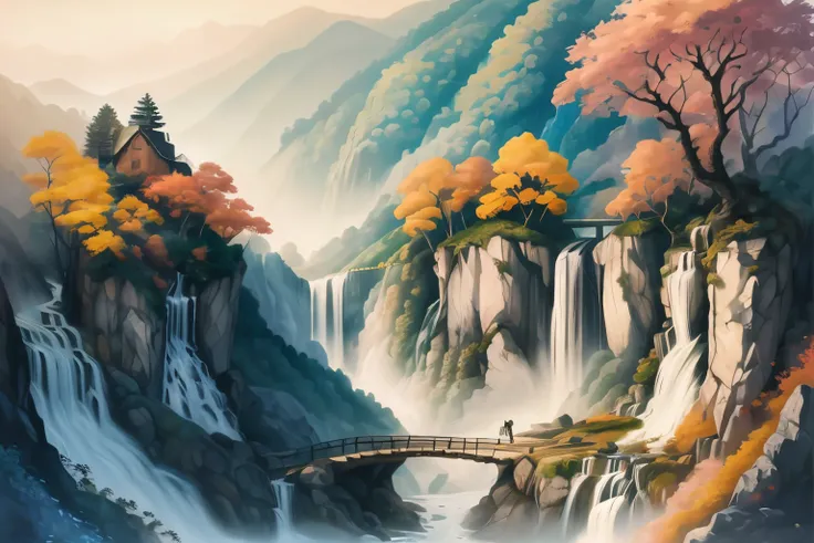 there is a painting of a waterfall and a bridge in the mountains, beautiful art uhd 4 k, 4k highly detailed digital art, detailed painting 4 k, detailed scenery —width 672, a beautiful artwork illustration, 8k stunning artwork, 4k detailed digital art, bea...