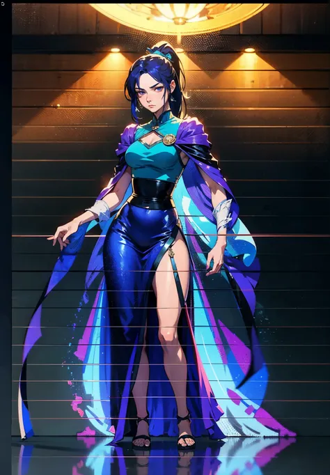 A beautiful young woman, long blue-purple hair, long bangs, ponytail, sharp gaze, a serious expression, a slender and athletic figure, a fantasy martial arts-style two-piece outfit, a fitted qipao-style long skirt, a blue-purple long cloak that almost cove...