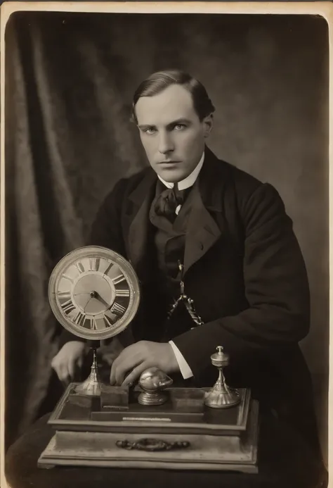 A photo of Alexander Morcroft meticulously examining a set of stage props with a critical eye and a look of intense determination.,original,Alexander Morcroft, once a celebrated magician, now stands as a vengeful figure in the magic community. His appearan...