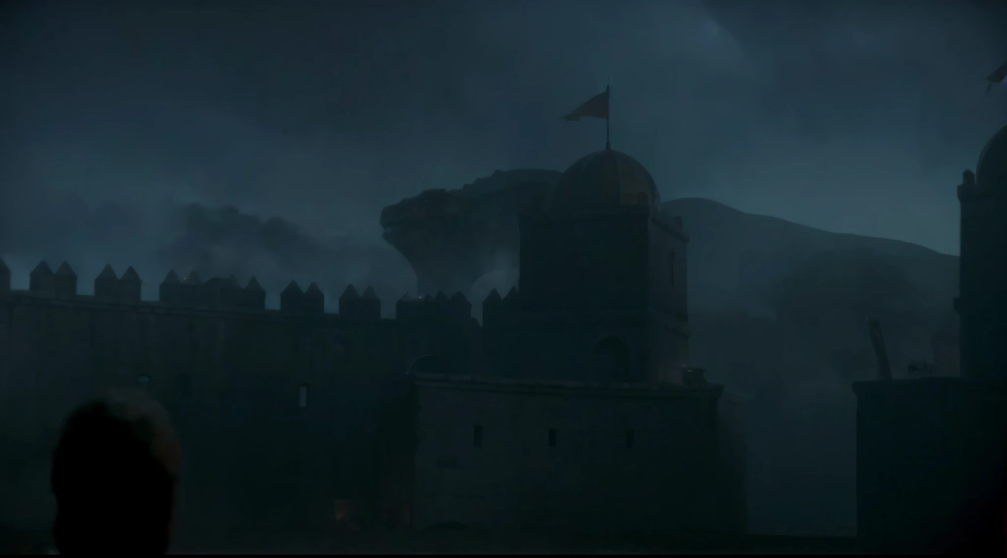 arafed castle with a flag flying in the sky, shot from game of thrones, still image from game of thrones, still from game of thrones, alien castle in background, from of thrones, game of thrones, drogon, cinematic opening shot, jormungandr, from witcher (2...