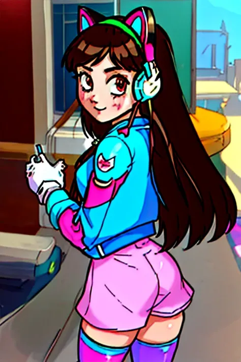 Masterpiece, Best Quality, High Resolution, 1Girl, Ultra High Resolution, Solo, Mecha Pilot, D.VA, Headphones, Pink Eyes, Cat Face Adornament, Blue Tights, Brown Hair, White Gloves,