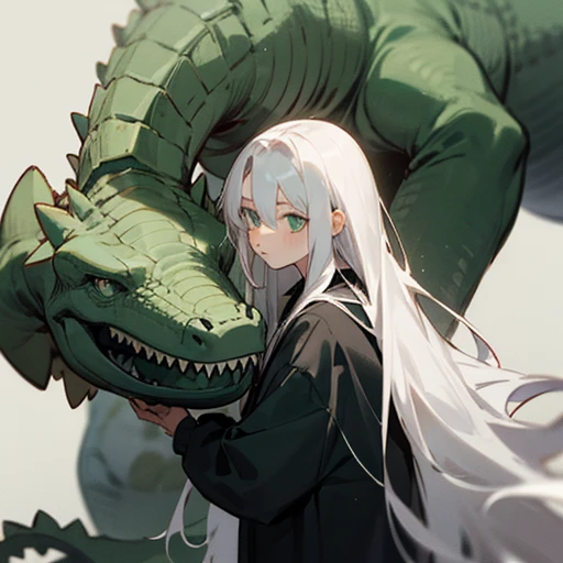 The boy with long white hair leans on the big green dinosaur doll