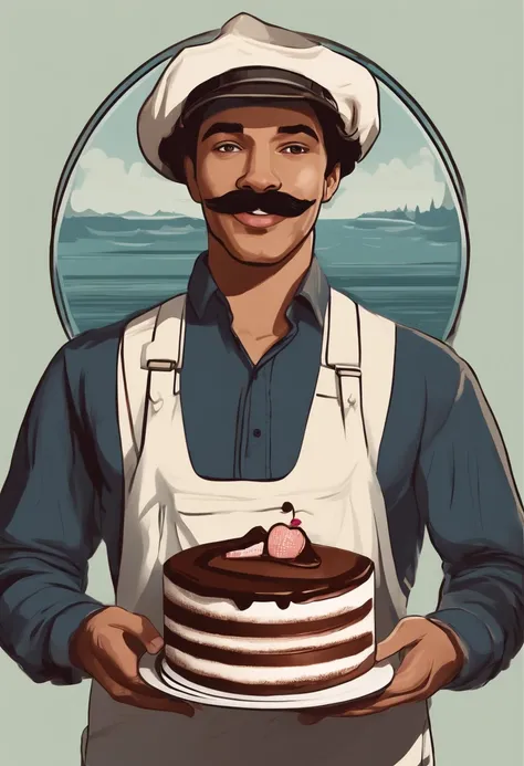 A photo of Timothy holding a heart-shaped chocolate cake with a hopeful expression on his face.,original,Hipster, mustache, man, wears mariners hat,, male