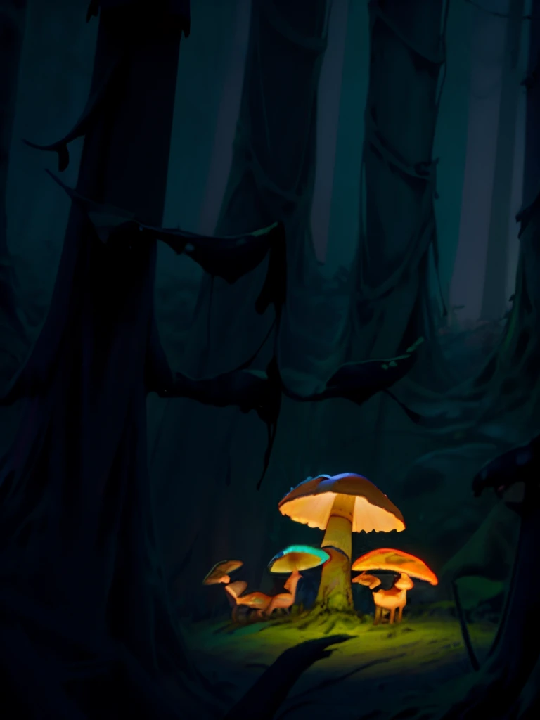 Rainy night in enchanted forest with two deer and brown and teal mushrooms