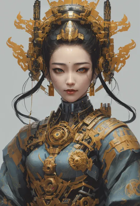 Cyberpunk art of a，afofuturism，cyber punk style，Chinese science fiction，Blank background，Complicated details, Perfect details，A high resolution, structurally correct, Intricate patterns，Mecha design，scifi style，The back of the head is covered with tubes，se...