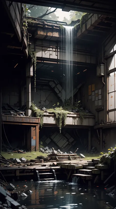 Visualize an underground cave with a underground lake, light rays pierce the dark cave, vines coming down from an opening in the cave above, mossy rocks line the interior walls, a war torn damaged Gundam decaying for centuries laying in a pool of water, th...