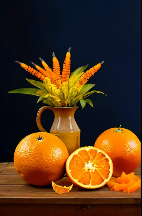 oranges and pine cones lie on the table with cones, peeled oranges, orange slices, orange and orange slices, orange color tone, ...