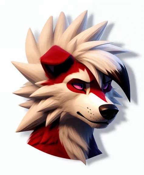 anthropomorphic, male, midnight Lycanroc, detailed eyes, fluffy, sad, ears down, looking away, headshot, sticker, white background