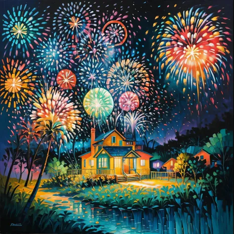 uma bela casa moderna, colorful (((fireworks))) in the sky, pintura impressionista no estilo do artista grandfailure, arte conce...