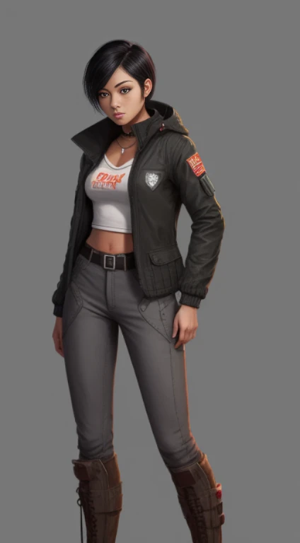 Filipino woman, 24yo, black hair, amber eyes, Short haircut bob, Black jacket, bodyarmor, tuck your pants into your boots, stand-up collar, A machine gun in the hands, Half-sideways, Concept art, gray background, in full height