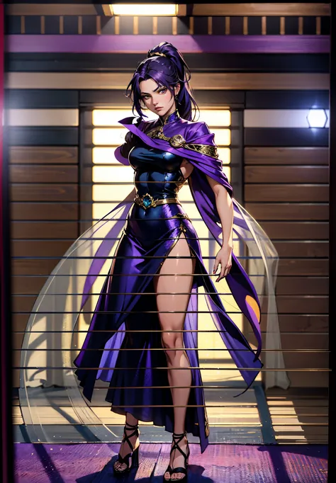 A beautiful young woman, long blue-purple hair, long bangs, ponytail, sharp gaze, a serious expression, a slender and athletic figure, a fantasy martial arts-style two-piece outfit, a fitted qipao-style long skirt, a blue-purple long cloak that almost cove...