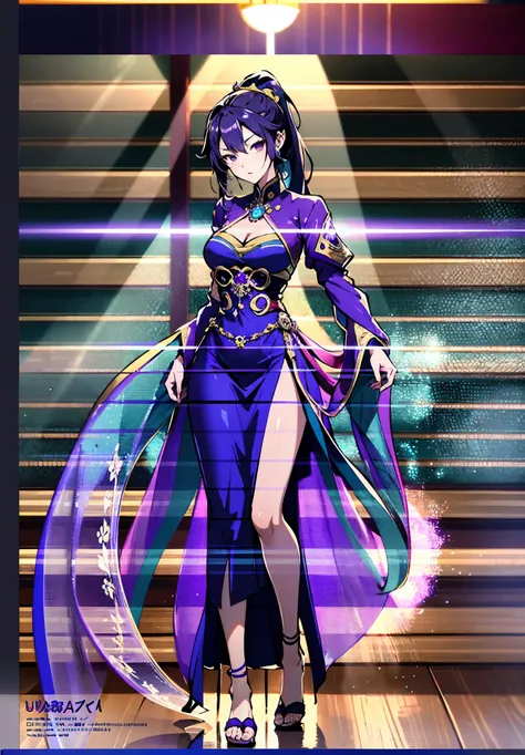 A beautiful young woman, long blue-purple hair, long bangs, ponytail, sharp gaze, a serious expression, a slender and athletic figure, a fantasy martial arts-style two-piece outfit, a fitted qipao-style long skirt, a blue-purple long cloak that almost cove...