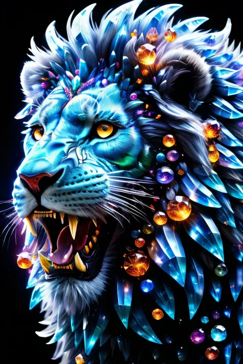 a close up of a lion with a lot of jewels on its head, roaring blue lion, majestic, 4k, highly detailed, digital art, fierce expression, 8k, high quality, beautiful art, UHD, masterpiece, high res, surrealism, epic, vivid colors, sharp focus, expressive, d...