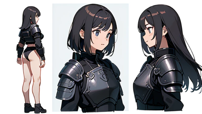 ((Best Quality)), ((Masterpiece)), ((Realistic)) 24 year old, filipino girl, shoulder length hair, relaxed happy face ((athletic)) (small breasts), ((( Black jacket and body armor ))) ((sexy)) short hairstyle (((detailed character sheet, frontal view, side...