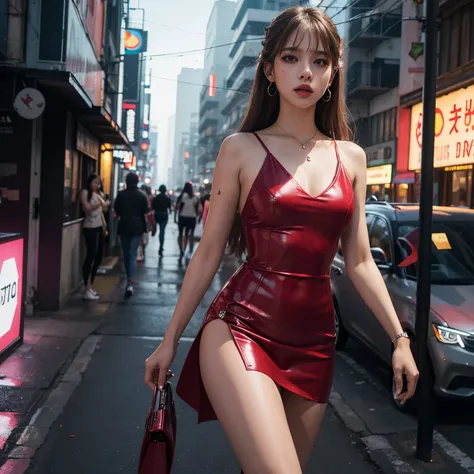 fotorrealista,Realistic illustration in Modelshoot style,Masterpice,melhor qualidade,ultra detalhado,A bela waifu Lalisa Manoban em um vestido vermelho sexy em uma cidade cyberpunk,Detalhes intrincados,Papel de parede da unidade CG 8k,octane rendering,