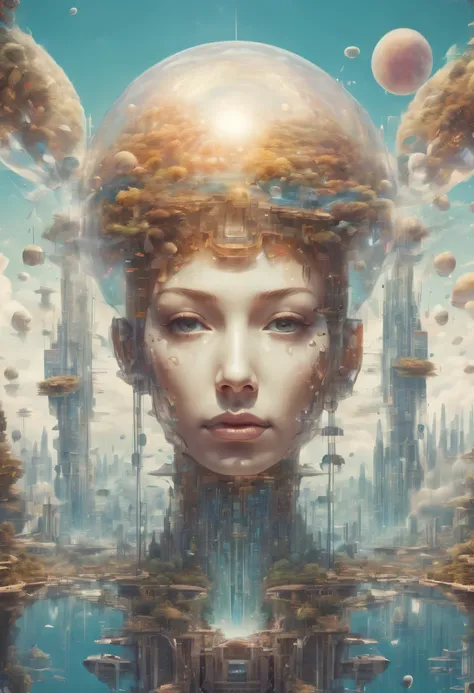 Dubrec style，Transparent avatar，Visionary image of a future utopian world，（multiple exposure：1.8），Complex illustrations in surrealist art style，Surreal dreams，Future utopian world dream