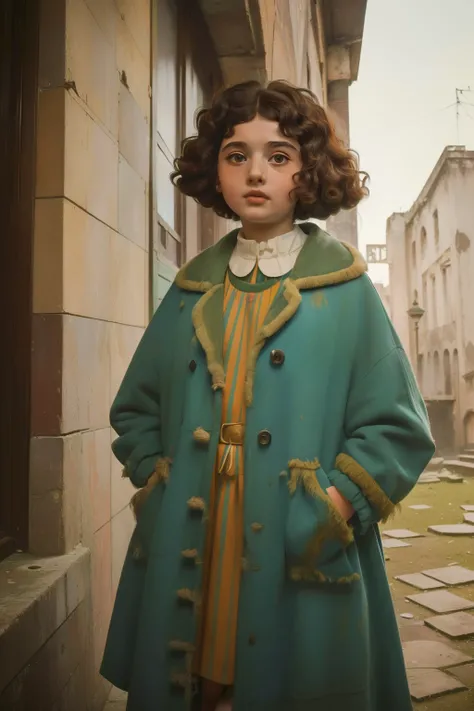 1965, Italy. Pre-raphaelite ((((10-year-old)) Momo)), homeless girl, messy short curly hair, oversized coat, ((happiness expression)), in an anphitheatre, ruins, ((((big and unkempt Clothing from the 1960s)))), ((curly Hairstyle of the 1960s)), ((Wes Ander...