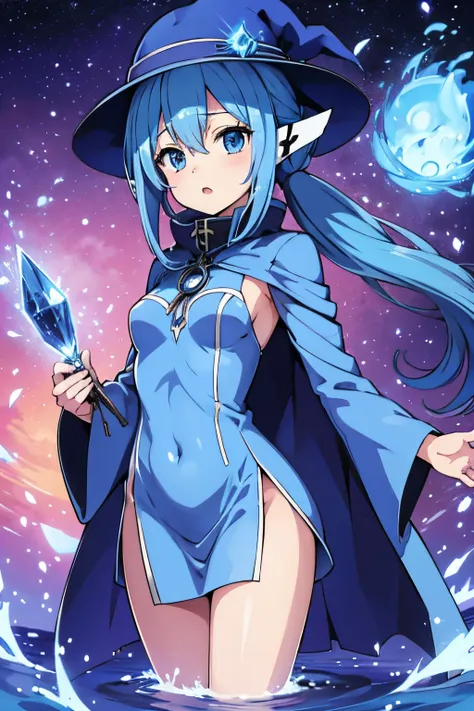 nymph, blue eyes, blue hair, long hair,low ponytail, water, zodiac magic, big mage hat, zodiac