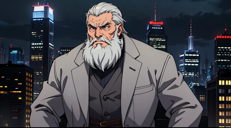 A master called (((Azok))) ,old, strong, bearded, grey suit, detailed face, gray hair and beard, intense gaze, commanding presence, wise expression, wrinkled skin, textured aging, confident posture, firm stance, is over looking the city at night, at the ed...