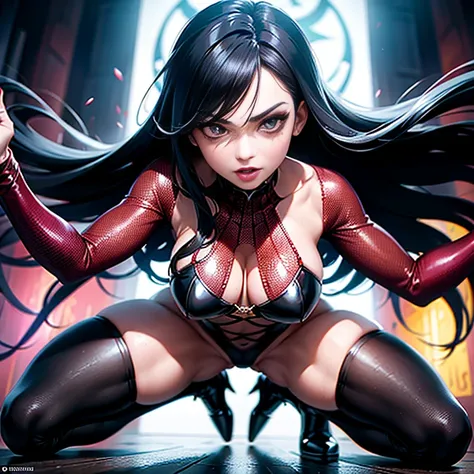 Generate a visually stunning image with maximum quality and intricate detail, employing a unique animation style. Ilustre um close-up, colorful painting from a low angle, portraying the Venom-possessed Spider-Woman in an intense battle against a formidable...