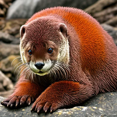 Otter fursona with red and orange marking on blue fur. Otter