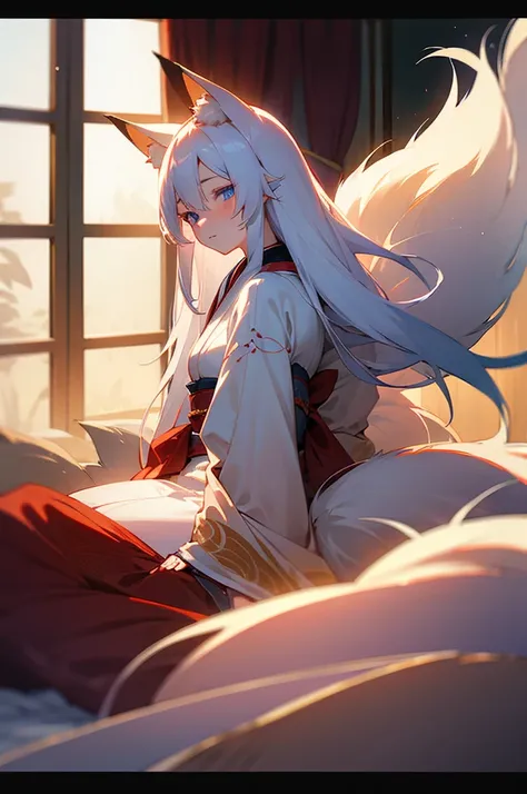 Beautiful young girl, long white hair, blue eyes, dimly-lit, bedroom, kitsune, fox-ears, fox-tail, kimono.