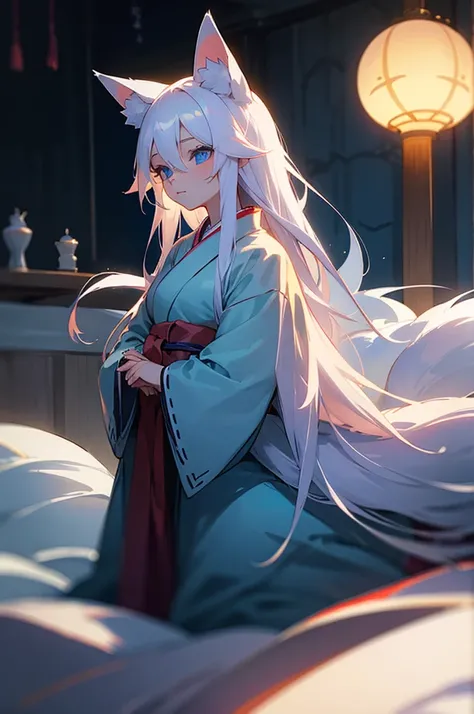 Beautiful young girl, long white hair, blue eyes, dimly-lit, bedroom, kitsune, fox-ears, fox-tail, kimono.