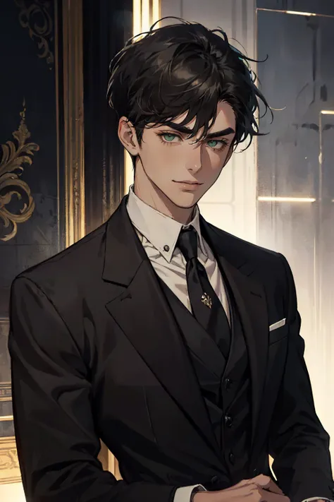 ((One young man with a black suit and tie)), alejandro, (((one side swept dark short neat hair))), ( green eyes and thick eyebrows), ((20 years old)), ((masterpiece)), ((cinematic lighting)), relax look and smirk, waiting for someone