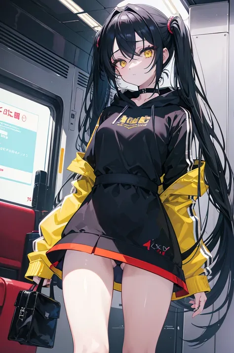 (masterpiece, beautiful, aesthetic, vibrant, official anime art, highest quality, 8k, 4k, 1girl), black long hair, long twintails, yellow eyes, choker, wearing a long black hoodie covering her thighs, inside a train, perfect shadows, beautiful eyes, detail...