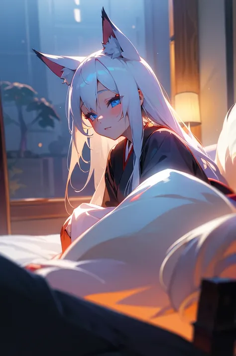 Beautiful young girl, long white hair, blue eyes, dimly-lit, bedroom, kitsune, fox-ears, fox-tail, kimono.