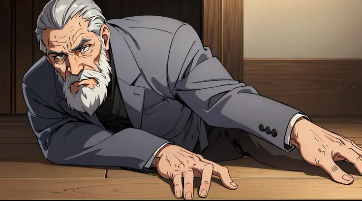 A master called (((Azok))) ,old, strong, bearded, grey suit, detailed face, gray hair and beard, intense gaze, commanding presence, wise expression, wrinkled skin, textured aging, posture, is crawling on a wooden floor in a offlice reaching for something