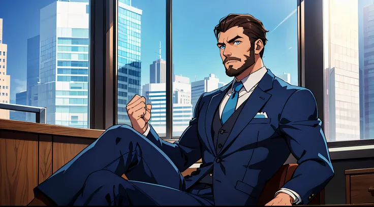 A young student named (((argo))) ((athletic)),muscular, with brown beard and slicked back hair, blue eyes, (strong, masculine), blue suit is sitting in a big expensive office in a armschair, window behind him with the view of the city