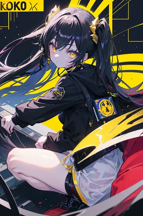 (masterpiece, beautiful, aesthetic, vibrant, official anime art, highest quality, 8k, 4k, 1girl), black long hair, long twintails, yellow eyes, choker, wearing a long black hoodie covering her thighs, inside a train, perfect shadows, beautiful eyes, detail...