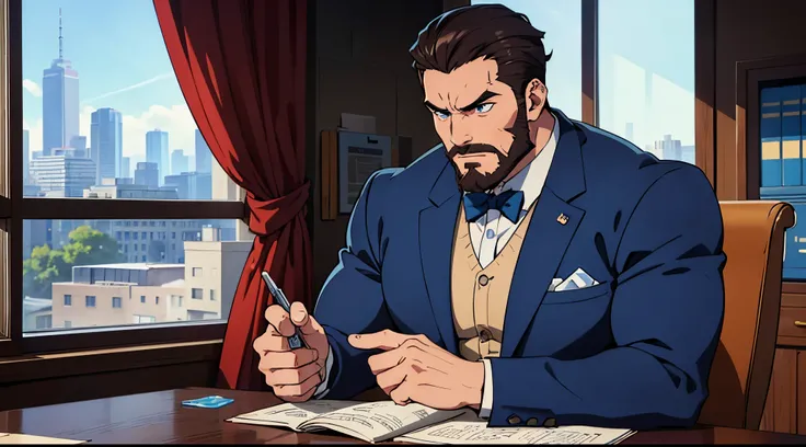 A  young student named (((argo))) ((athletic)),muscular, with brown beard and slicked back hair, (intense, piercing) angry  blue eyes, (strong, masculine), blue suit 
is sitting in a big expensive office in a armschair, window behind him with the view of t...