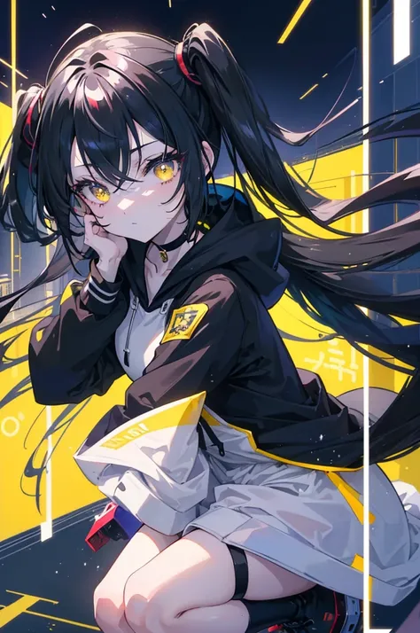 (masterpiece, beautiful, aesthetic, vibrant, official anime art, highest quality, 8k, 4k, 1girl), black long hair, long twintails, yellow eyes, choker, wearing a long black hoodie covering her thighs, (inside a train), perfect shadows, beautiful eyes, deta...