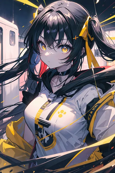 (masterpiece, beautiful, aesthetic, vibrant, official anime art, highest quality, 8k, 4k, 1girl), black long hair, long twintails, yellow eyes, choker, wearing a long black hoodie covering her thighs, inside a train, perfect shadows, beautiful eyes, detail...