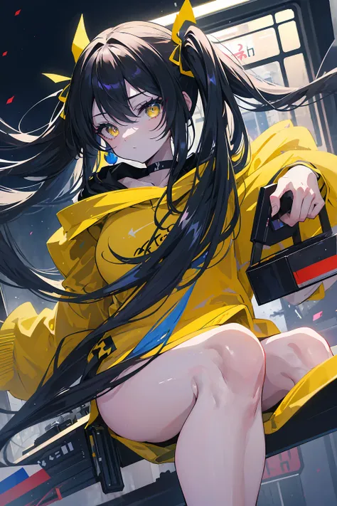 (masterpiece, beautiful, aesthetic, vibrant, official anime art, highest quality, 8k, 4k, 1girl), black long hair, long twintails, yellow eyes, choker, wearing a long black hoodie covering her thighs, inside a train, perfect shadows, beautiful eyes, detail...