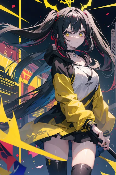 (masterpiece, beautiful, aesthetic, vibrant, official anime art, highest quality, 8k, 4k, 1girl), black long hair, long twintails, yellow eyes, choker, wearing a long black hoodie covering her thighs, inside a train, perfect shadows, beautiful eyes, detail...