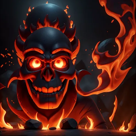 Inferno battle, Zurg-like character with a skull head, full body, intense flame, burning planet, evil presence, menacing posture, dark and ominous atmosphere, highly detailed skull head, skeletal structure visible, glowing eyes, raging fire, smoky surround...