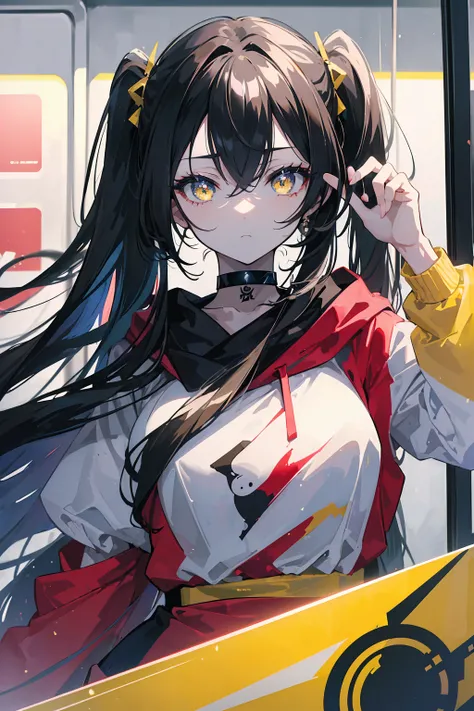 (masterpiece, beautiful, aesthetic, vibrant, official anime art, highest quality, 8k, 4k, 1girl), black long hair, long twintails, yellow eyes, choker, wearing a long black hoodie covering her thighs, (standing inside a train), perfect shadows, beautiful e...