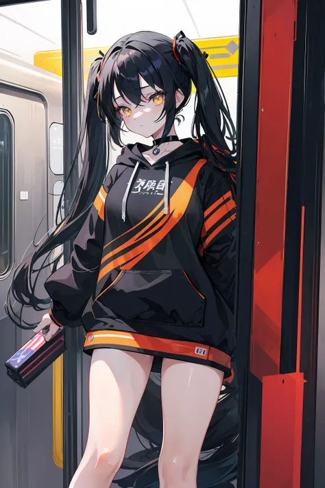 (masterpiece, beautiful, aesthetic, vibrant, official anime art, highest quality, 8k, 4k, 1girl), black long hair, long twintails, yellow eyes, choker, wearing a long black hoodie covering her thighs, (standing inside a train), perfect shadows, beautiful e...