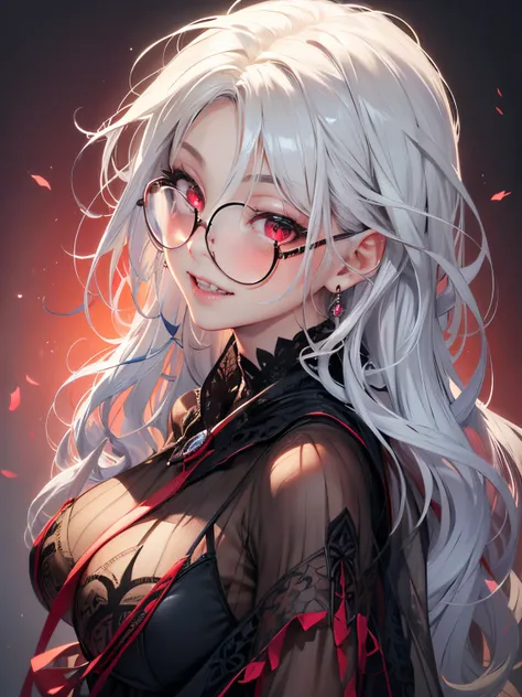 (masterpiece), (best quality), (ultra-detailed), 1girl, White hairs, red eyes, Transparent glasses, Cute smile, Beautiful, Detailed eyes, Detailed face, Detailed hands, Demonic teeths, Mouth open,