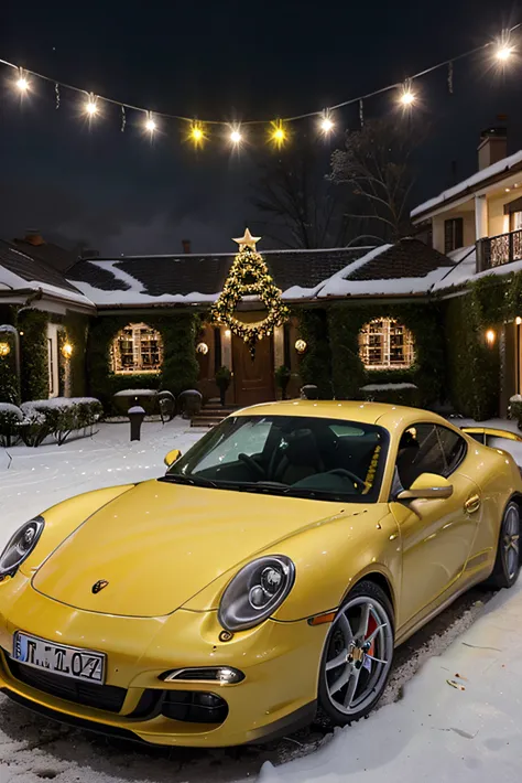 Numa pacata vila natalina, onde as luzes cintilam em cada esquina, a yellow Porsche gleamed beneath softly dancing snowflakes. The vibrant yellow of the elegant car stood out among the festive decorations that adorned the streets. A luxurious red bow wrapp...